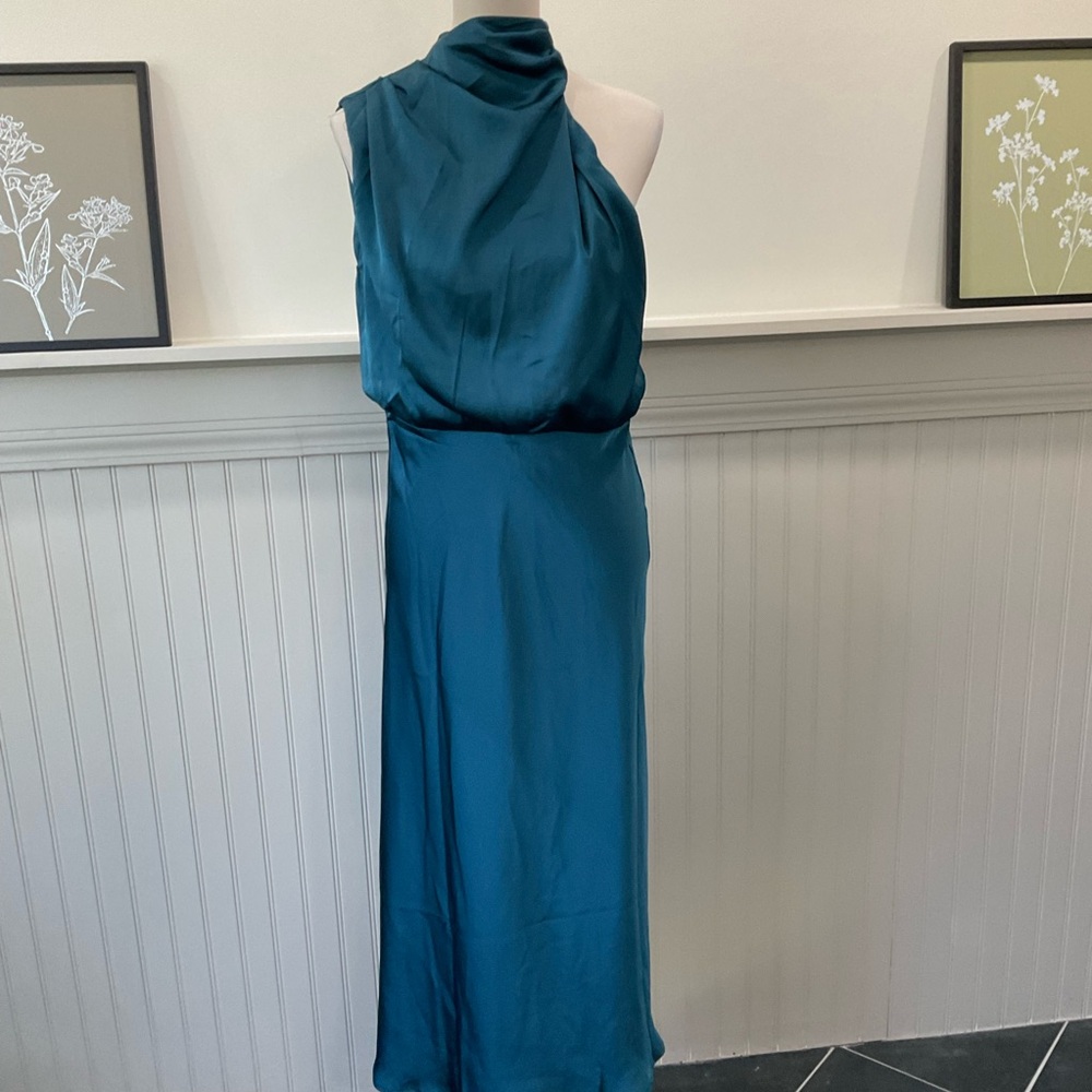 Petal & Pup Teal Satin Maxi Dress Medium One Shoulder Draped Formal Wedding